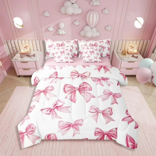 Erosebridal Kawaii Bowknot Bed In A Bag With Sheets Dreamy Princess Style Queen Comforter Set 7 Piece Teen Women,Girly Cute Bow Bedding Set Pink Bow Tie Bed Set Bedroom Decor