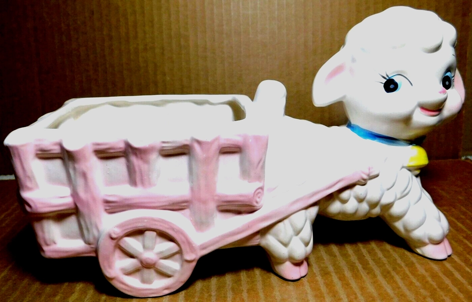 Napcoware~Vint<wbr/>age White &amp; Pink Baby Lamb Pulling Cart Planter C4631