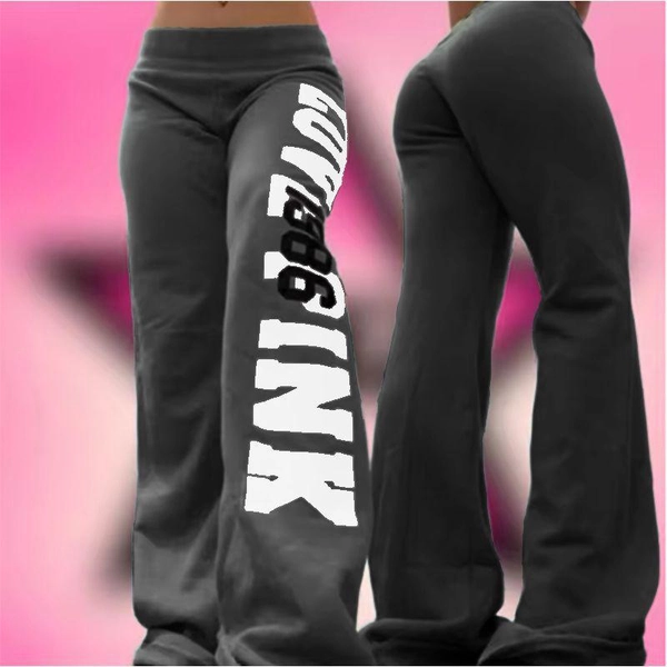 Men'S Black Baggy Wide-Leg Sweatpants Featuring 'LOVE PINK' Text Print on The Side