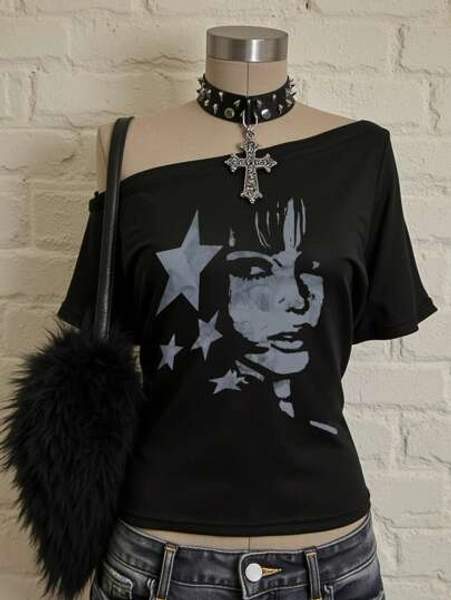 Oversized Pentagram Graphic Print T-Shirt, Women Off Shoulder Short Sleeve Aesthetic Top, Suitable For Spring/Summer