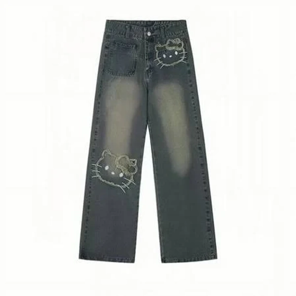 Sanrio Hello Kitty Embroidered High Waist Straight Wide Leg Jeans
