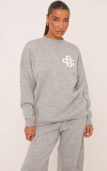 High Neck Oversized Contrast Swirl Detail Sweatshirt In Grey Marl Knit