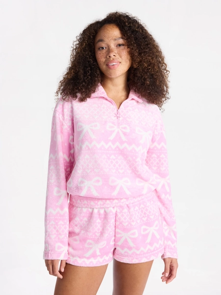 No Boundaries 1/4 Zip Mock Neck Plush Top with Long Sleeves, Women's