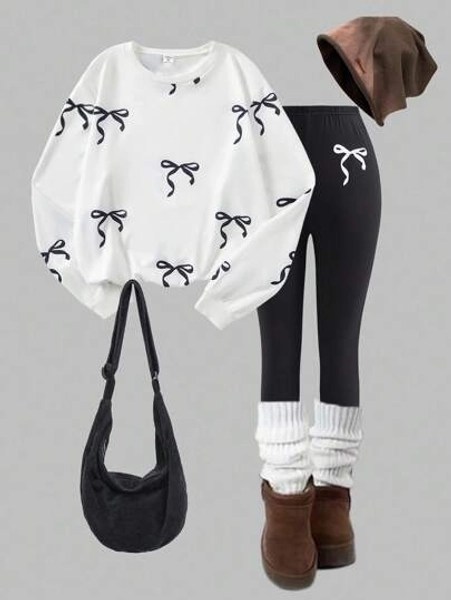 SHEIN Sparklyn Teen Girls Sweatsuit Set, New Autumn/Winter, White Digital Print, Black Bow Crew Neck Sweatshirt, Black Skinny Pants, White Bow Decor, Comfortable Fitted Fall