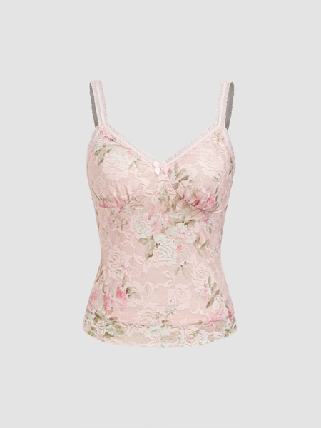 Cider Sweetheart Lace Floral Lettuce Trim Bowknot Cami Top