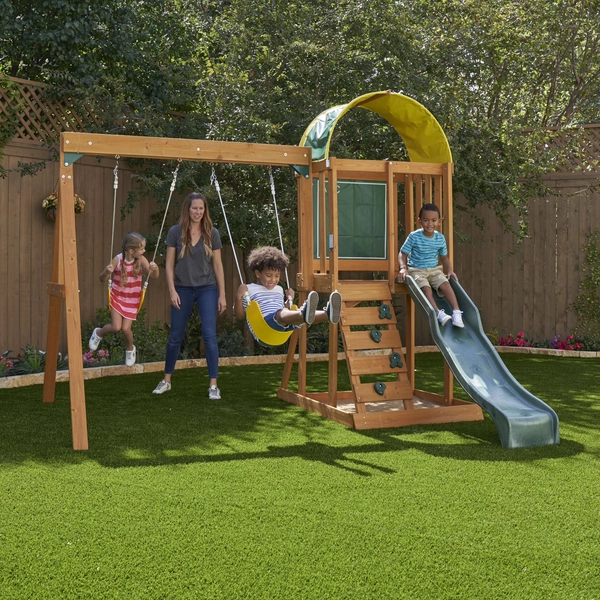 KidKraft Ainsley Wooden Outdoor Swing Set with Slide and Rock Wall - Walmart.com