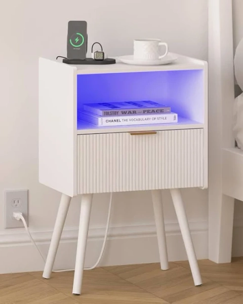 Modern White Nightstand with Charging Station and LED Lights