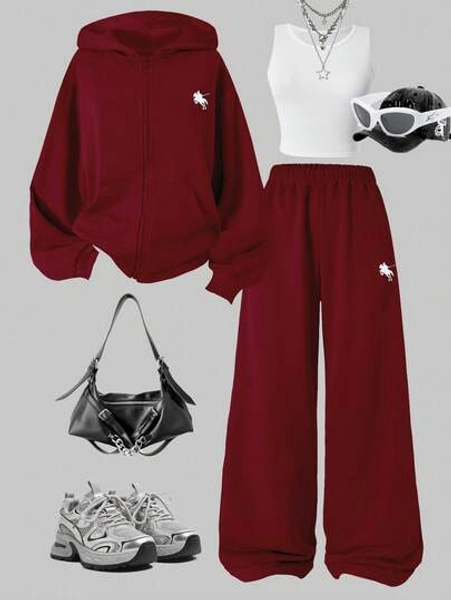 SHEIN Sparklyn 3pcs/Set Teen GirlCasual Outfit, Including Hooded Zip-Up Sweatshirt With Horse Print, White Tank Top, And Elastic Waist Straight Leg Pants, Autumn