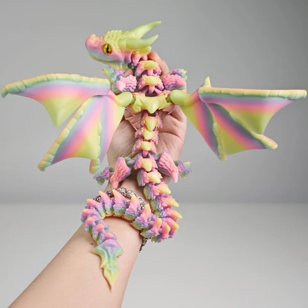 3d printed dragon, 3d dragon, 3d printed dragon with wings, 1pc 3D Printed Flexible Winged Dragon Statue with Rainbow Iridescent Scales & Glowing