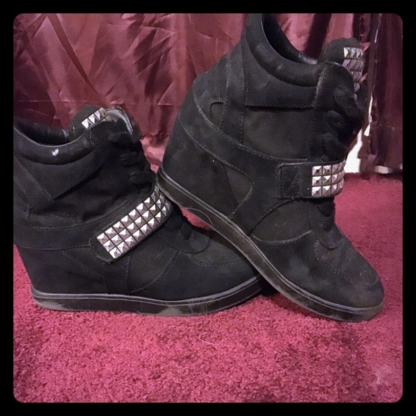 Black Studded Lace Up Wedges