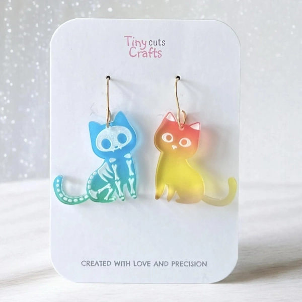 Ombre Skeleton Cat Earrings: Halloween Goth Acrylic Dangle