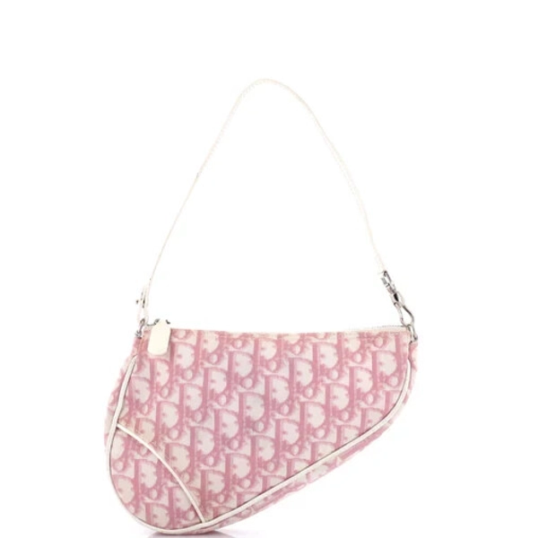 Vintage CHRISTIAN DIOR Diorissimo Trotter Saddle Shoulder Bag Pink White Canvas