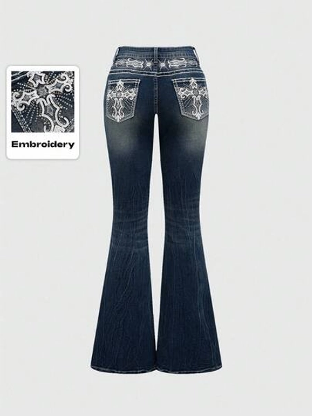 ROMWE PETITE Y2K Retro Midriff-Baring Pocket Cross Embroidery Fitted Flare Leg Women Low Waist Jeans