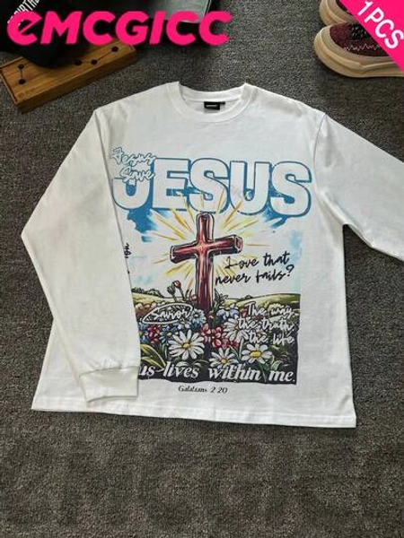 EMCGICC Wild Bloom JESUS Long Sleeve Shirts ,Jungle Print Y2k Graphic T Shirt Cotton 250g,Fashionable Hip-Hop For Men -  Long Sleeve T-Shirts, Funny Vintage Shirts,Regular Fit, Street Style, Digital Print,  Ideal Gift