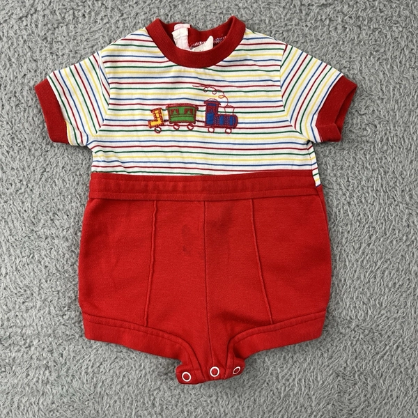 Vintage Baby Romper 6-9 Month Estimated Size Knit Choo Choo Train Summer 70s 80s