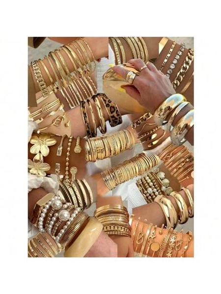 10/6 Pcs Vintage, Elegant, Multi-Piece Stackable Flower, Pearl, Heart, Geometric, Leopard Print, Round Bead, Chain Texture, Rhinestone, Braided, Smooth, Snake Bone, Beaded, Twisted, Multi-Layer, Minimalist, Smooth Plain Bangle Bracelet Set, Fashion, Simple, Graceful, Delicate, Retro, Punk Design, Suitable For Holiday, Party, Date, Gift, Daily Wear (Random Style)