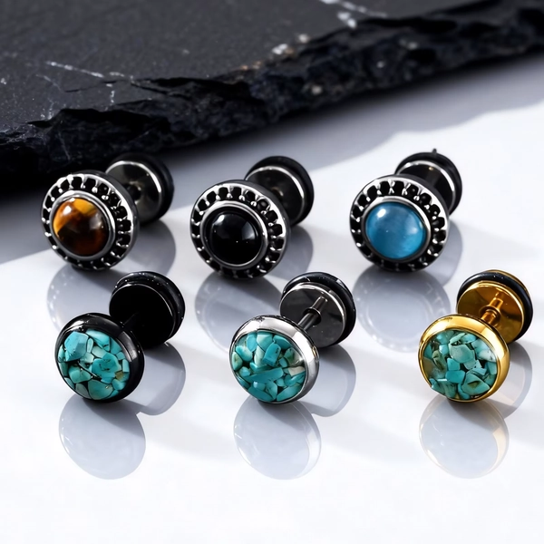 New Natural Stone Men's Small Round Stud Earrings,Simple Stainless Steel Metal Stud Earrings,Hip Hop Cool Jewelry Gift - AliExpress 