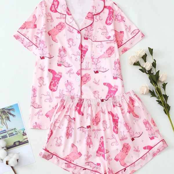 Teenage Girl Pink Cowboy Shoes Print Casual Collar Short Sleeve Shorts Pajama Set