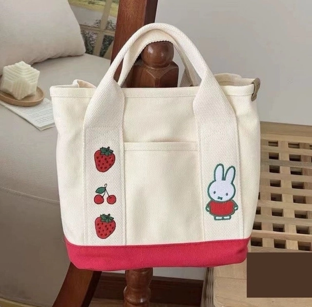 Miffy Rabbit Strawberry Red Canvas Shoulder Top Handle Tote Hand Bag School
