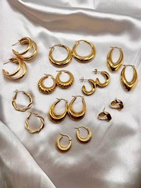 14K Gold Plated Stainless Steel Croissant Hoop Earring Set