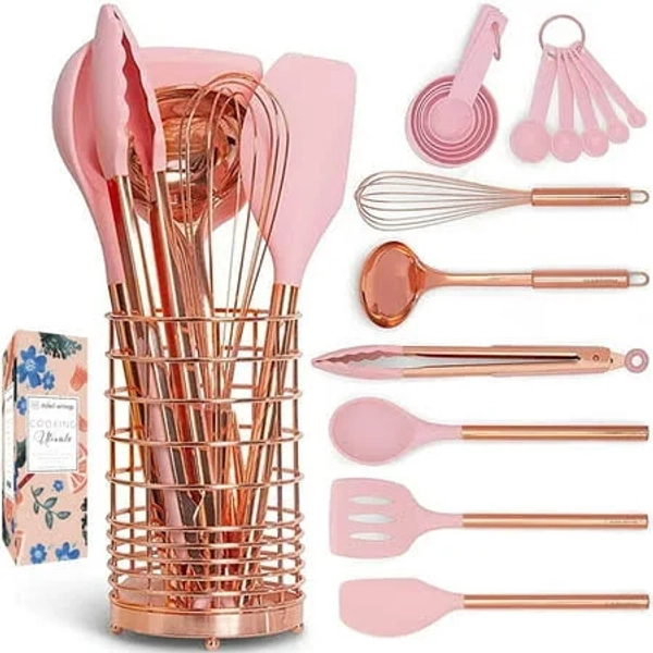 Styled Settings Copper and Pink Kitchen Utensils Set with Holder