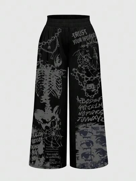 ROMWE Grunge Punk Plus Size Gothic Punk Skeleton Bone Dark Horror Mysterious Chain Eye Spider Web Print Loose Wide Leg Pants