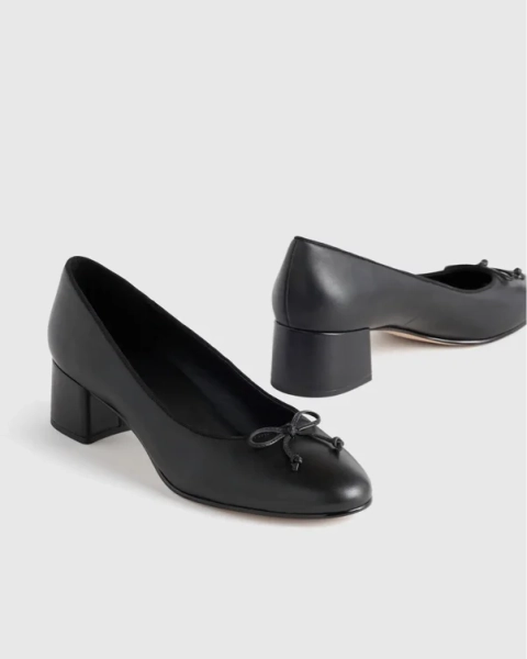 Italian Leather Ballet Block Heel Pump in Black