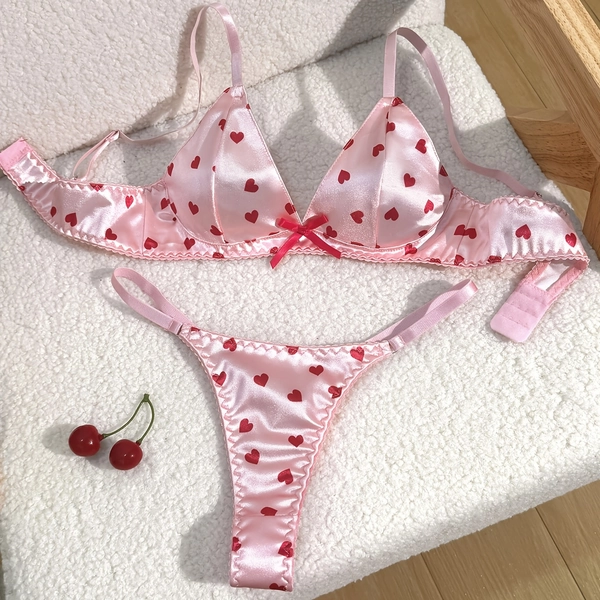 26QH Women's Elegant and Sexy Lingerie Bra Set, Pink Heart Smooth Satin Contrast Color Print, Daily Simple Wire-Free Bra + Printed Thong, 2pcs Underwear Set, Floral Embellishment, Adjustable Straps and Back Closure, Comfortable, Soft, and Breathable