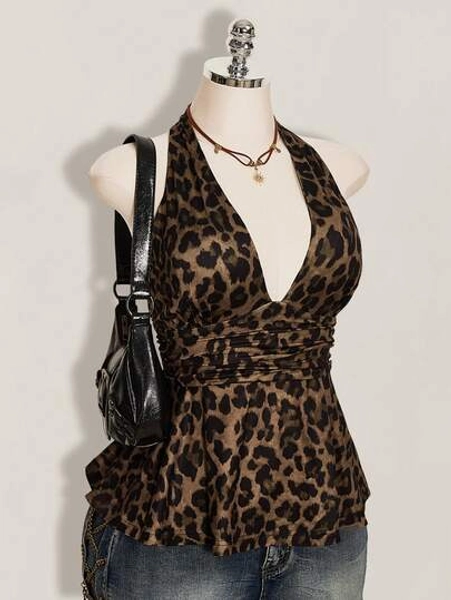 SHEIN ICON Plus Size Women's Brown Summer Classy Night Out Club Top,Y2K Leopard Print Deep V Halter Neck Waist Gathered Retro Fashion Loose Hem Fitted Top - Size 1XL