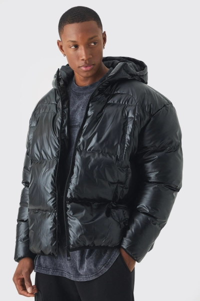 High Shine Hooded Quilted Puffer In Black