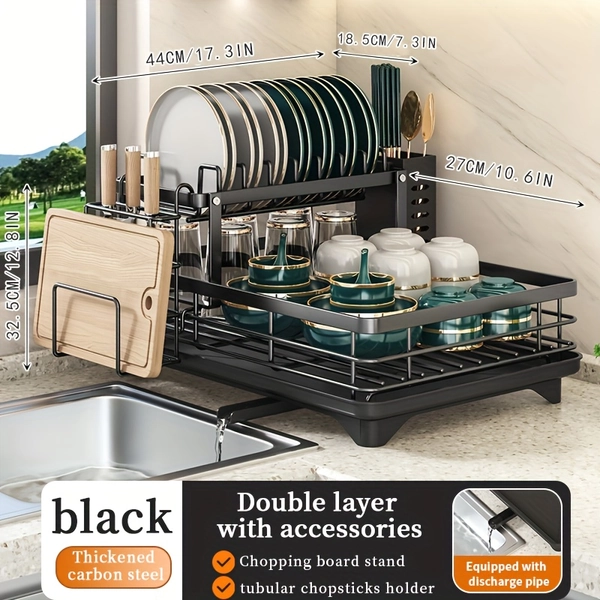 2-Tier Metal Dish Drying Rack, Suitable for Types of Countertops. Space-saving and Durable, Comes with Cutlery Holder, Cup Holder, and Rust-proof Drip Tray. Helps Your Kitchen Neat and Organized.