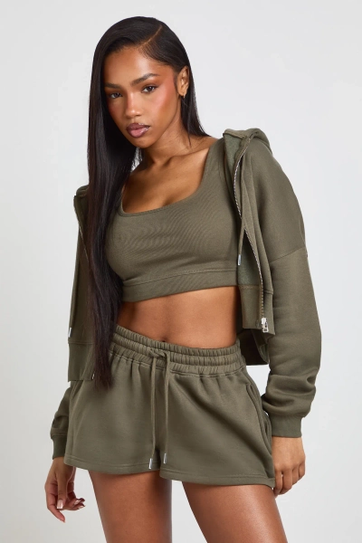 Petite Deep Hem 3 Piece Crop Zip Through Short Tracksuit