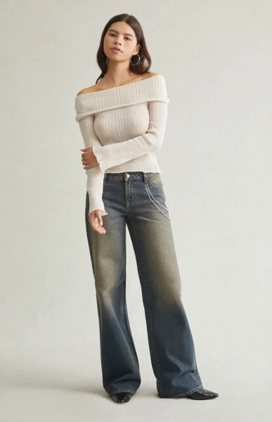 Casey Low Rise Baggy Jeans Rhinestone Chain Tinted Blue