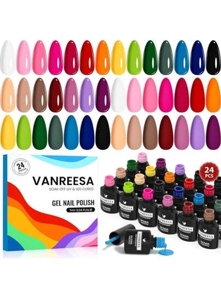 VANREESA 24 Pcs Gel Nail Polish Set-21 Fall Winter Colors Nail Polish With Base Coat Glossy Matte Top Coat Gel Polish Set Nude Pink Red Brown Glitter Polish Nail Kit Gifts For Women Girls