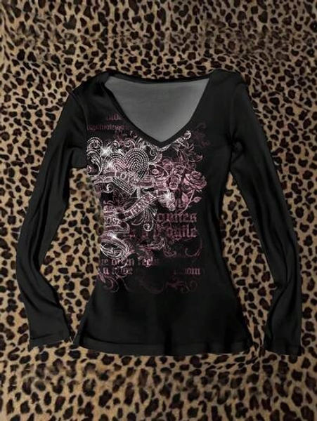 Attitoon Punk Wing, Heart & Cross Pattern V-Neck Long Sleeve T-Shirt, Suitable For Women, Halloween, Y2K Style, Streetwear, Vintage, Back To School, Retro, Fall, Vacation, Casual Outfits, Autumn/Winter, Hip-Hop, Style Core Aesthetics, Gothic, Cybergoth