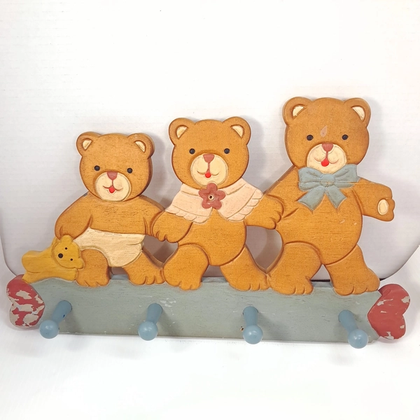 Vintage Teddy Bear wood wall hook hanging coat hat rack organizer kids nursery