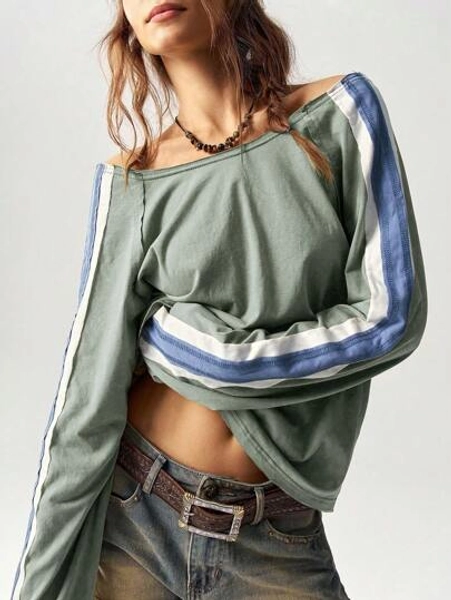 Bohemela BOHO Casual Color Blocking Raglan Sleeve Long Sleeve Round Neck Loose Backless Women T-Shirt