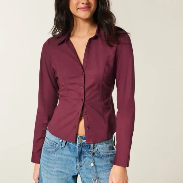 Hollister Women's Stretch Poplin Button Front Shirt