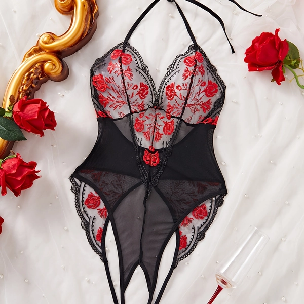 Women'S Sexy Sheer Mesh Teddy Lingerie - Black Halter Neck Bodysuit with Red Rose Embroidery, Deep V Neck, Lace Trim And Open Crotch