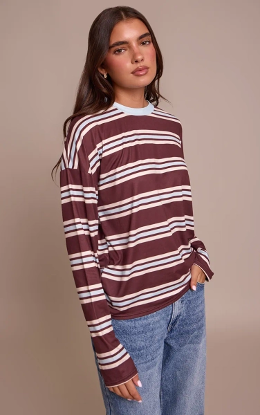 Burgundy Stripe Crew Neck Long Sleeve Top