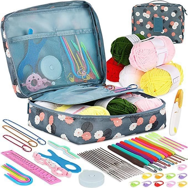 58PCS Crochet Kit Beginners Crochet Set with Crochet Yarn, Portable Crochet Hook Set Crochet Hooks Ergonomic Soft Grip Lace Crochet Hooks Travel Croch