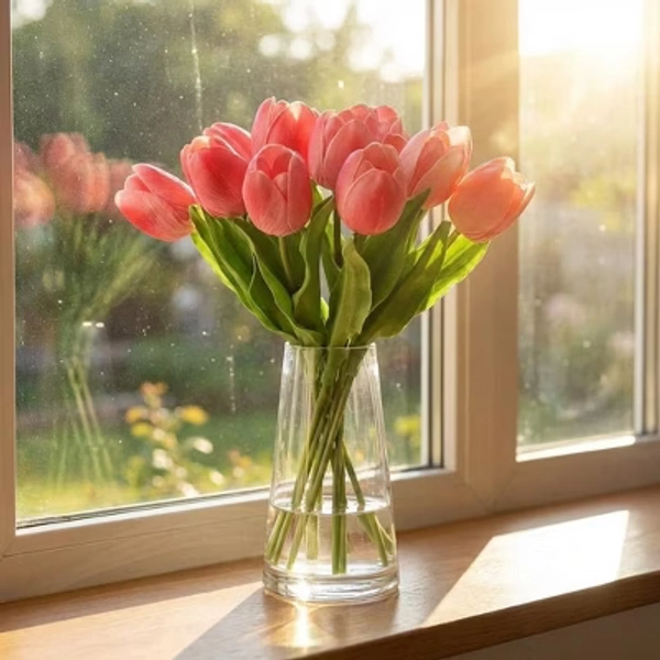 10Pcs Real Touch Artificial Tulips in Vase, Lifelike Faux Tulip Bouquet for Home Office Wedding Table Decor, Mother's Day Valentine's Day-Rose Red