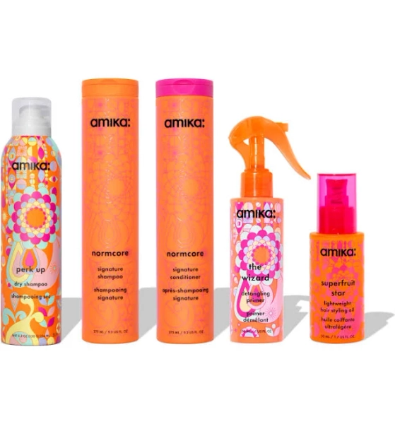 amika: strand superheroes routine set | normcore shampoo, conditioner + superfruit star + perk up + wizard