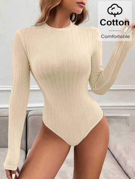 Siren Gaze Solid Color Casual Long Sleeve Knit Bodysuit, Spring Autumn Winter