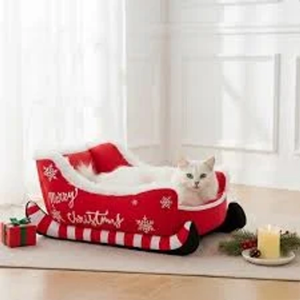 Christmas Sled Pet Bed, Plush Cozy Cat and Dog House