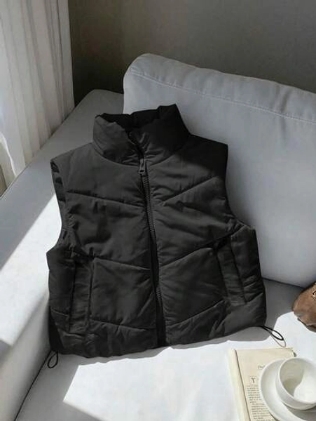 Comfortcana Plus Size Casual Stand Collar Black Padded Vest Winter Fall Autumn , Puffer Vest