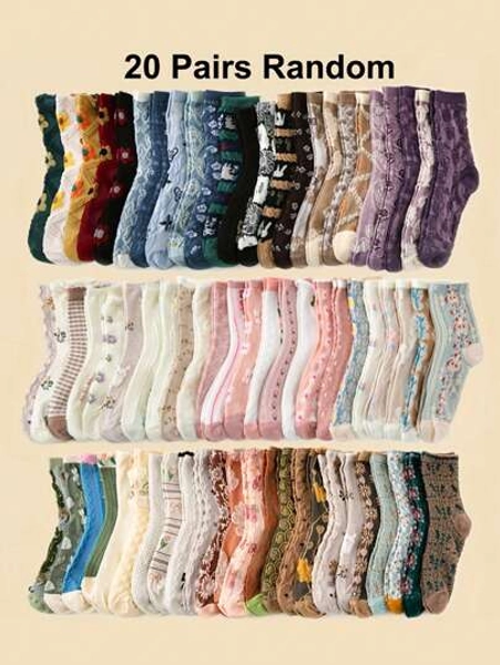 20/10/5 Pairs Women/Couple Autumn/Winter Mid-Calf Sports Socks, Vintage Embossed Graphic Pattern, Soft & Comfortable, Versatile For Sports, Casual, Students, Adults, Holidays, Daily Life, Travel, Fitness, Back To School, Random Colors & Styles