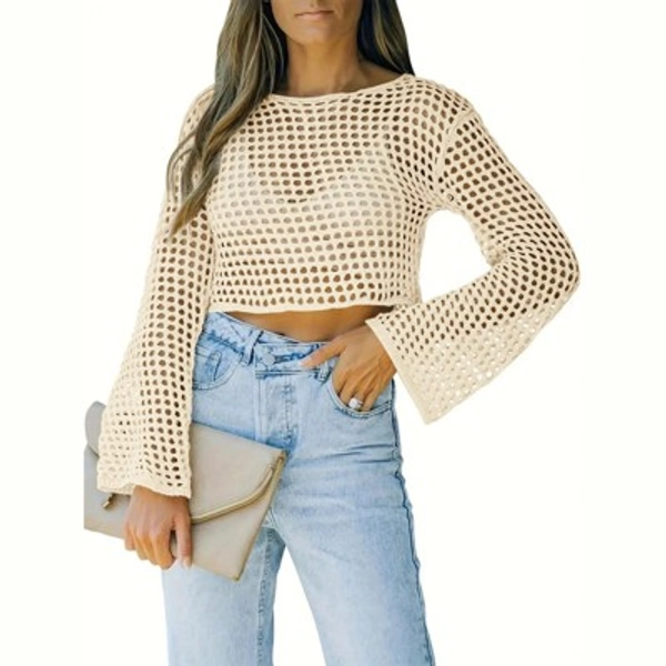 Coolmee Womens  Crochet Crop Top Sexy Long Sleeve See Through Hollow Out Mesh Bikini Cover Ups Shirts M Apricot