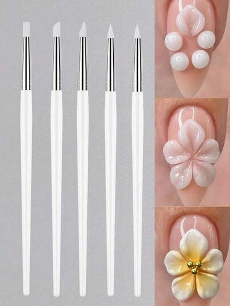 5Pcs Dual-Ended Clear Silicone Nail Art Pen, Rhinestone Dotting Tool For Acrylic 3D Flower Carving & Manicure Shaping