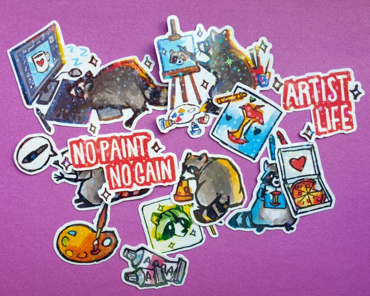 Artist Raccoon Sticker Pack - 12 Holographic Glossy Waterproof Stickers